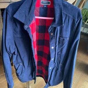 Club Room Men's Blue Shirt Jacket with Red Plaid Lining